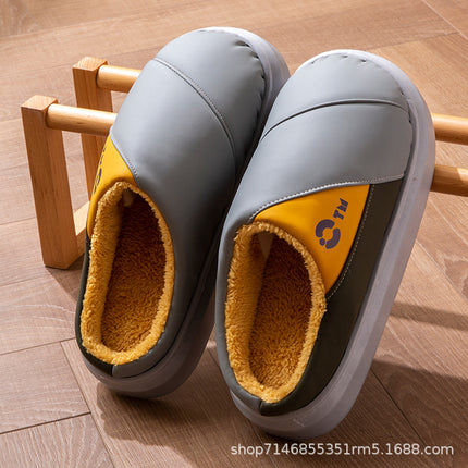 New Leather Waterproof Cotton Slippers for Women in Winter Indoor Thick-Soled Warm Home Fleece-Lined Bag and Couple Wool Slippers for Men