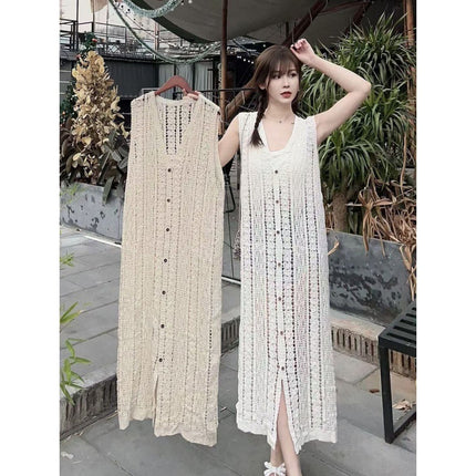 Green Lace Hollow-out Knitted Sleeveless Vesset Dress Women's Striped Cardigan dress Outer Layover Blouse Mid-length