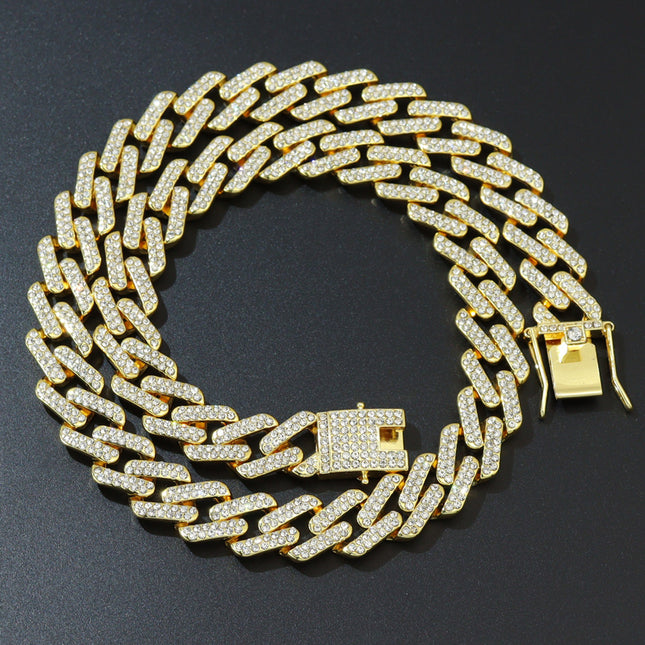 Cool trendy men's domineering motorcycle hip hop style Cuban chain necklace personality European and American full diamond alloy diamond chain necklace