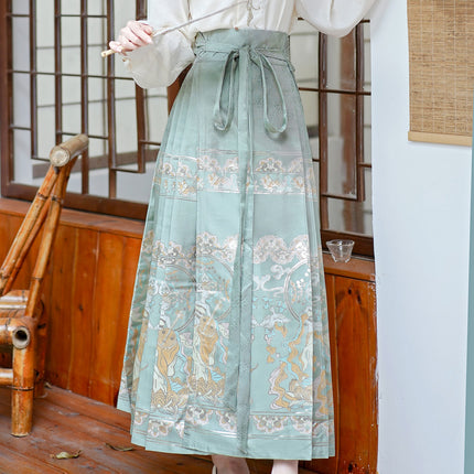 2025 Xiangyunsha Women's Chinese Style Hanfu Satin Water Green Wave Brocade Maqian Skirt One-Piece Half Skirt
