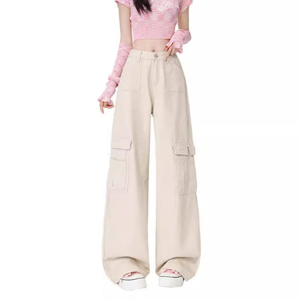 Loose Casual Overalls Women's New Design Sense High Waist Slimming Pocket Workwear Wide Leg American Style Retro Mop Pants