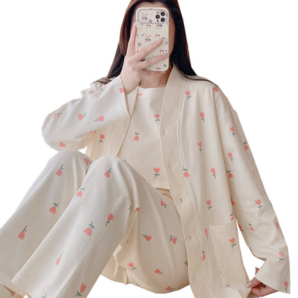 Spring and Autumn Cotton Short Sleeve Suit with Chest Pad Three-Piece Breastfeeding Pajamas Summer Pregnant Women Feeding