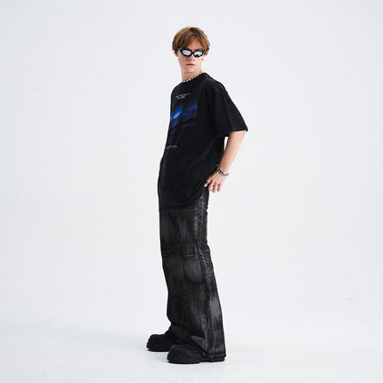LawFoo spring and summer national fashion brand American style washed old direct injection printing drop shoulder loose version couple T-shirt fashion