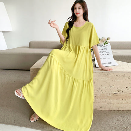 Solid Color Loose-Fitting Plus-Size Maternity Dress, Rayon Beach Dress, Short-Sleeved Long Skirt with a Large Hem