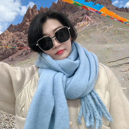 Mohair cold-proof brushed thickened Korean style solid color scarf scarf women's autumn and winter neck protection warm big tassel New