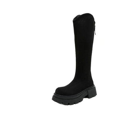 Women's Long Boots with Wide Shaft, Slim Boots, Autumn and Winter New British Style Thick-Soled Heightening Elastic Boots