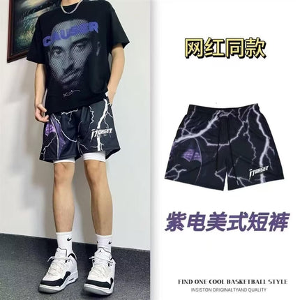 Men's American-Style Shorts with Lightning Bolt Design, Trendy Basketball Sports Shorts, Knee-Length Running Fitness Casual Pants