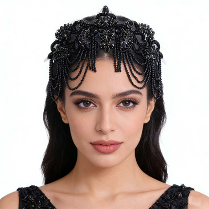 Original Design Light Luxury Full Diamond Tassel Crown Crystal Headband Heavy Industry Women's Ball Hair Accessories Wide Side Headband