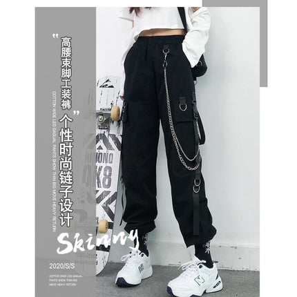 fleece-lined Thickened Delivery Chain Leg Overalls Women's Slimming High Waist Spring and Summer Handsome Black Pants Women's Loose Straight Pants