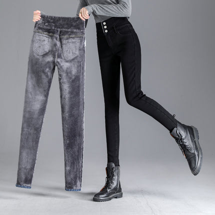 Super High Waist Jeans Women's Skinny 2024 Autumn and Winter New Fashionable fleece-lined Thickened Slimming Tall Pencil Pants