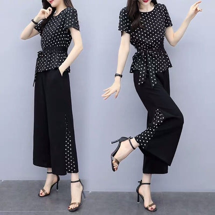 One-piece/Set Large Size Stylized Age-reducing Belly-covering Top Women's Polka Dot Short-sleeved Korean Style Wide-leg Pants Two-piece Set Fashionable