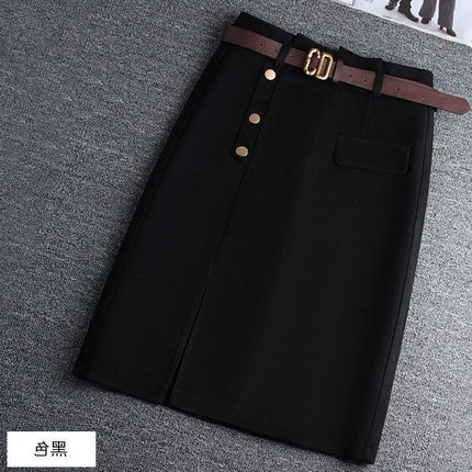 Woolen Skirt Women's Mid-Length 2024 Autumn and Winter High-Waisted Brown Petite Slit A-Line Hip Skirt Winter Skirt
