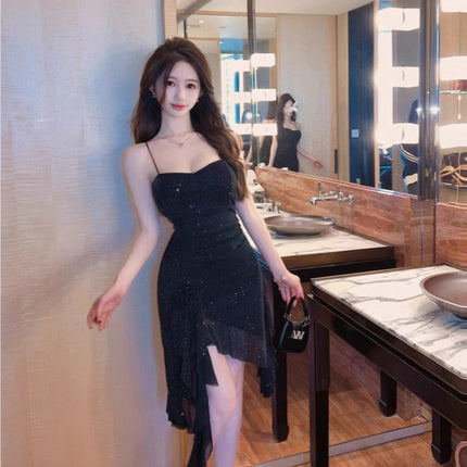 in stock 8966 Sexy Mesh Sling dress Nightclub Night Foot Bath Massage Technician Work Overalls Long Dress
