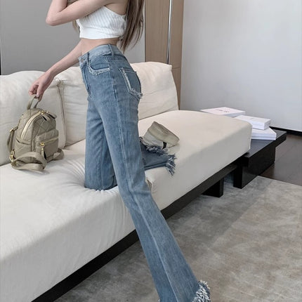 light blue Fringed Weiling Jeans Women's Trendy All-match New High Waist plus size Slim-fit Slim-fit Elastic Slim-fit Wide-leg Pants