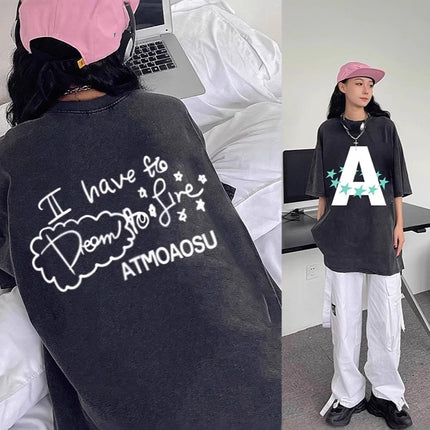 American Retro Pure Cotton Washed Distressed Large Size Short-Sleeved T-Shirt Women's Trendyy Hip-Hop Ins Couple Hong Kong Style Round Neck Top