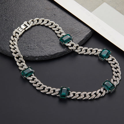 Emerald New Hip-Hop Necklace, Fashionable and High-End Alloy Rhinestone Cuban Chain Pinduoduo Drop Shipping