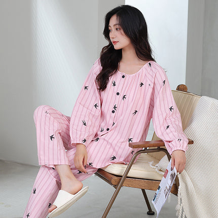 Spring and Autumn Women's Powder Striped Elegant Cardigan Pajamas Mother's Soft Modal Long Sleeve Trousers with Chest Pad Home Clothes