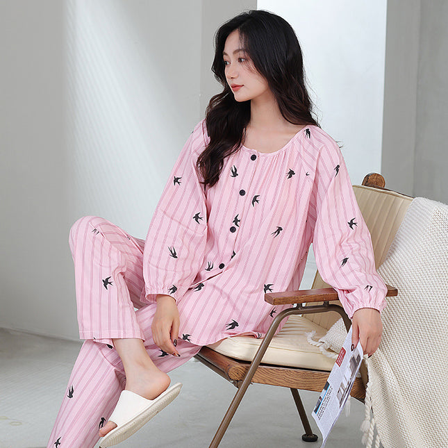 Spring and Autumn Women's Powder Striped Elegant Cardigan Pajamas Mother's Soft Modal Long Sleeve Trousers with Chest Pad Home Clothes