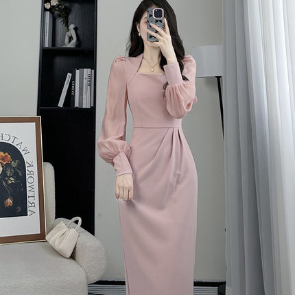 Autumn 2024 long sleeve French waist design feeling show long temperament new square collar slim dress casual
