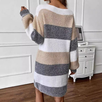 Autumn and Winter New Trendy Versatile Contrasting Striped Mid-Length Skirt Casual Style Loose Round Neck Long-Sleeved Knitted Dress
