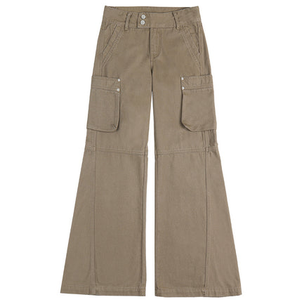 Raccoon House # European and American Cross-Border Low-Waist Slightly Spicy Beaded Double-Button Work Jeans for Hot Girls with Drapey Floor-Length Bell-Bottom Pants