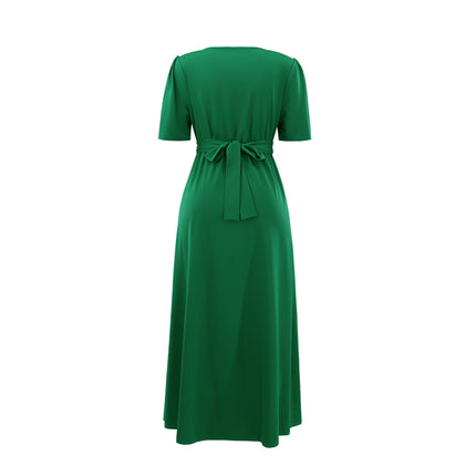 10579 Cross-border European and American High-grade Solid Color Green Round V-neck dress Slimming High Waist Tether Split Sleeve Elegant Long Dress