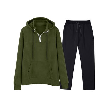 European and American Cross-Border Long-Sleeved Waffle Top Aliexpress Solid Color Drawstring Pocket Hoodie Sweatshirt and Sweatpants Set
