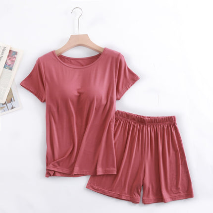 Modal Women's Short-sleeved Pajamas Set with Chest Pad Five-finger Cup Large Size Bra-free Half-sleeved Loose Shorts Home Clothes