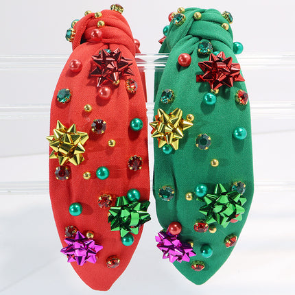 Cross-border 2024 Christmas New Style Beaded Nail Drill Knot Head Hoop Rhinestone Fabric Hair Hoop Wide Edge Hair Accessories