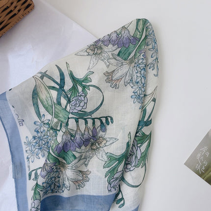 Soft Breathable Cotton Linen Small Square 58x 58cm New Artistic Printed Air Conditional Room Neck Protection Scarf Women