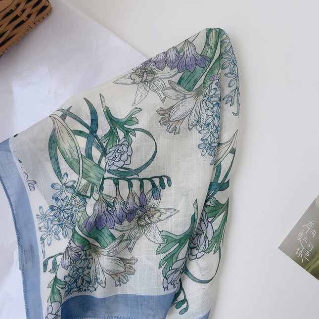 Soft Breathable Cotton Linen Small Square 58x 58cm New Artistic Printed Air Conditional Room Neck Protection Scarf Women
