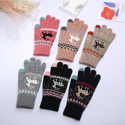 Knitted Touch Screen Gloves Men's and Women's Couple Gloves Autumn and Winter Korean Style Fawn Jacquard All-match Cold-proof Warm Cross-border Gloves