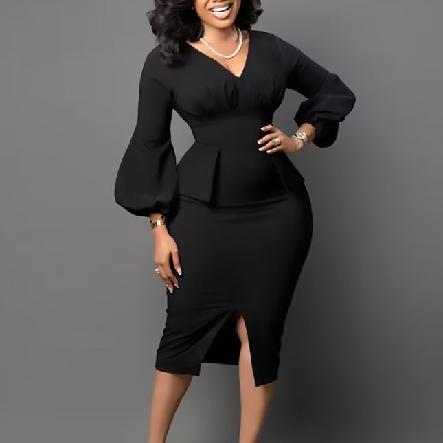 D354 Amazon European and American Women's V-neck Puff Sleeve Split Dress office Pencil Skirt African Dress