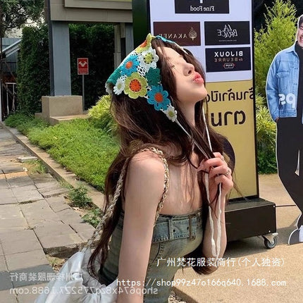 Hot Girl Internet Celebrant Photo Flower French Style Triangle Scarf Headscarf Women's Cute Knitted Hair Band Silk Scarf High-grade Headwear Summer