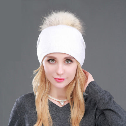 Foreign trade cross-border autumn and winter women's knitted wool cap fur raccoon ball warm wool cap fashion ladies pullover cap