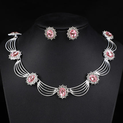 Cross-Border Gemstone Necklace, Artistic Retro Medieval Court Jewelry, Fan-Shaped Aesthetic Internet Celebrity Style Necklace and Earrings Set
