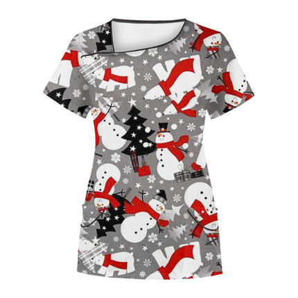 Cross-Border Aliexpress Amazon Women's Short-Sleeved Christmas Positioning Printed Flap Pocket Pants Top Scrub Clothes T-Shirt