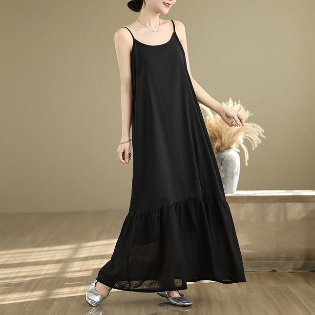 Real Shot of 2025 Summer New Style White Minimalist Extended Cotton-Polyester Splicing Slip Dress Slimming Fishtail Dress for Women