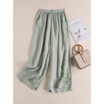 Southeast Asia Cross-Border Spring and Autumn Large Size Loose-Fitting Casual Slimming High-Waisted Cotton and Linen Embroidered Wide-Leg Pants