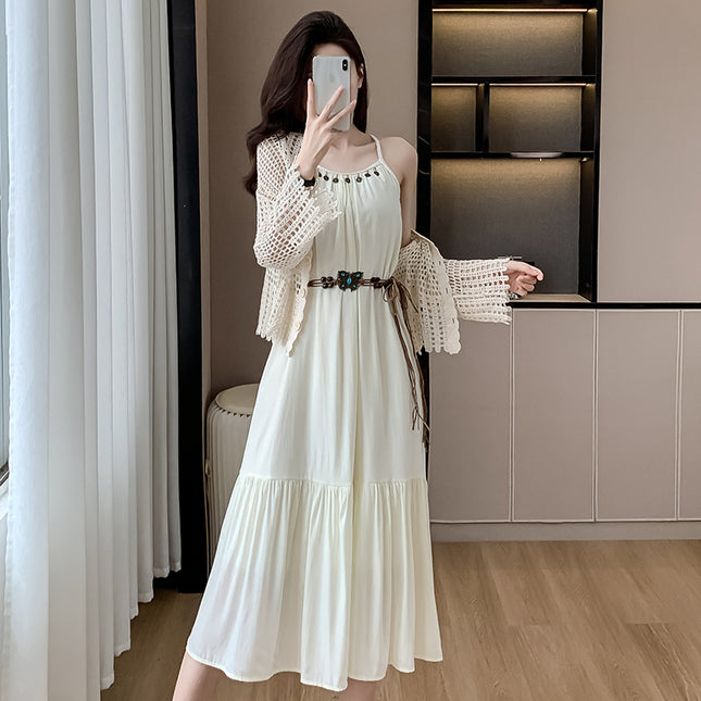 Bohemian Retro Salt-Style Design Suspender Dress with Hollow-Out Sun Protection Shirt Two-Piece Set 2026 Summer New Model