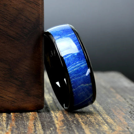 Cross-Border Popular Stainless Steel Ring European and American Men's Personalized Black Bottom Blue Wood Starry Sky Spot Ring Ring Wholesale