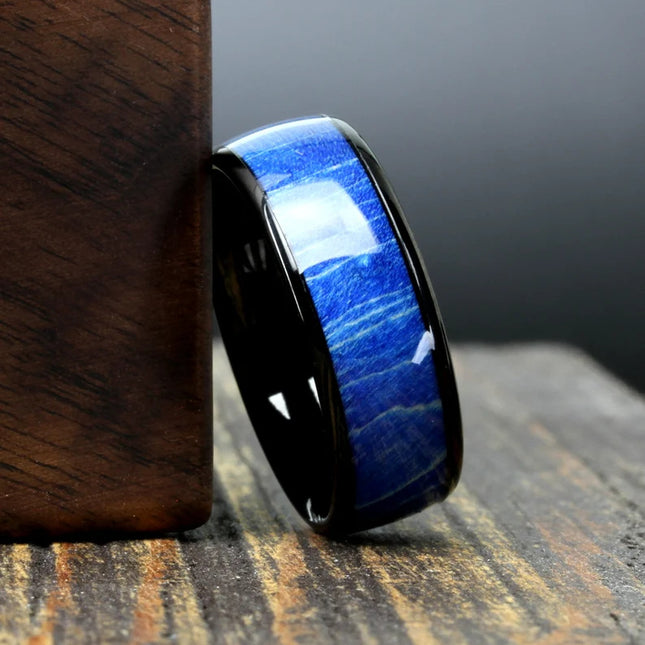 Cross-Border Popular Stainless Steel Ring European and American Men's Personalized Black Bottom Blue Wood Starry Sky Spot Ring Ring Wholesale