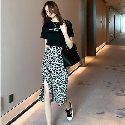 Slit Leopard Print Skirt Women's Summer 2021 New High Waist Slim Smocked Floral A-line Mid-length Hip Skirt