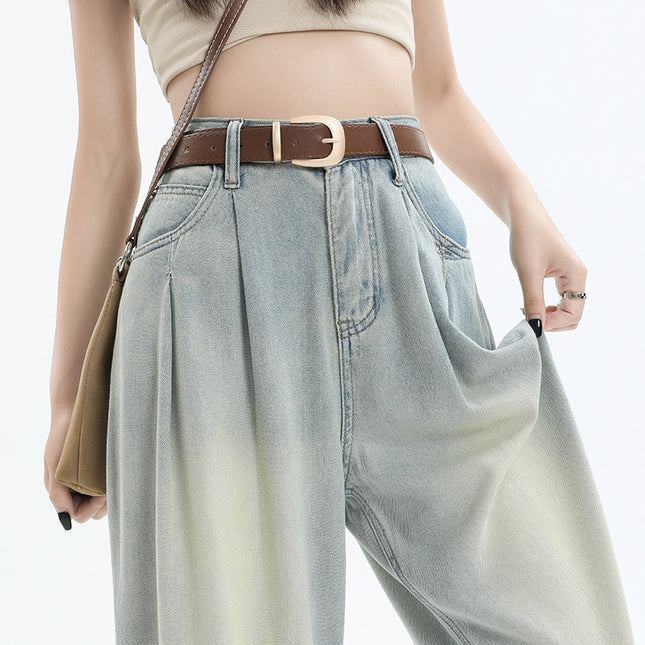 Dark Blue Wide-Leg Jeans for Women 2023 Summer New High-Waisted Straight-Leg Loose Draped Pleated Floor-Length Pants for Tall People