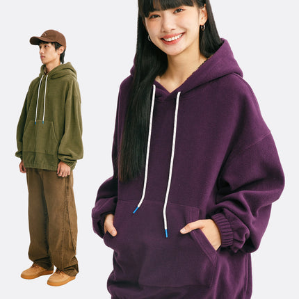 Black Fleet American Casual Style Unisex Versatile Hooded Warm Top Couple Style Hiking Fleece Solid Color Sweatshirt
