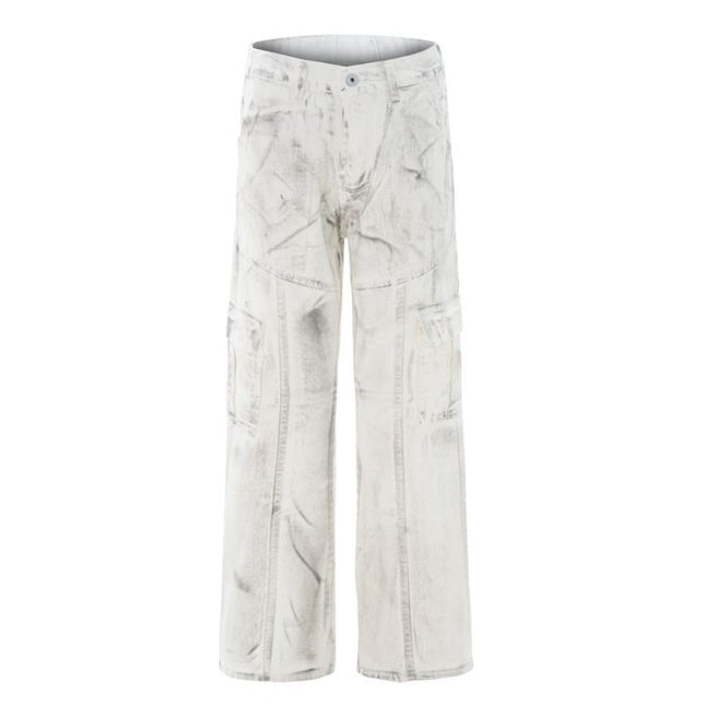 Jiamu Patchwork Dirty American High Street Baggy White Loose Wide-Leg Casual Pants Unisex Straight-Leg Flared Pants