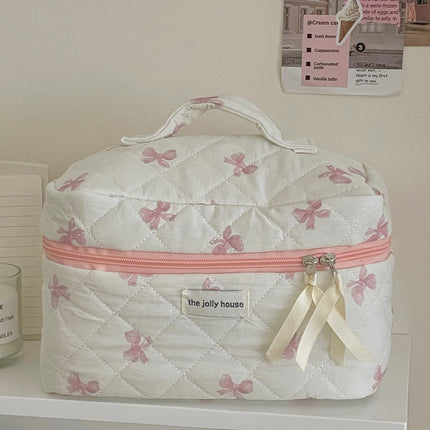 Blue Powder Satin Bow Makeup Bag Student Fresh Style Portable Large Capacity Toiletry Bag Quilted Sundries Storage Bag