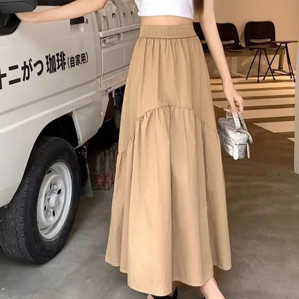 Summer Army Green pleated pleated skirt for children 2024 new small elastic waist A- line long skirt worker