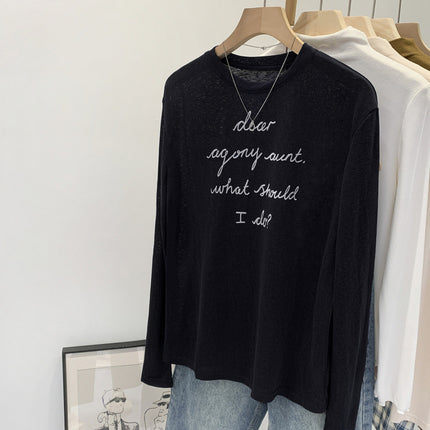 Summer Ootd Lyocell Tencel Fashion Letter Print Mint Green Long-Sleeved T-Shirt for Women 2025 New Style Right Shoulder