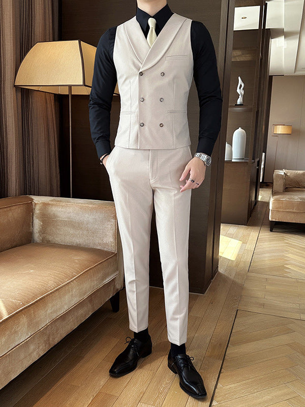 Factory Wholesale Men's Four-Season Waiter Vest Double-Breasted Green Fruit Collar Sleeveless Waistcoat Best Man Brother Outfit
